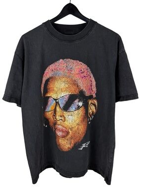Mens Y2K Dennis Rodman Apparel Faded Streetwear Graphic Boxy Shirt Size L